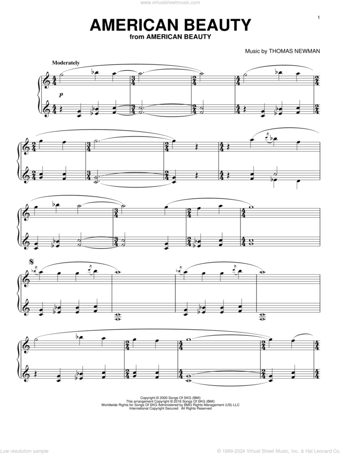 American Beauty sheet music for piano solo by Thomas Newman, intermediate skill level