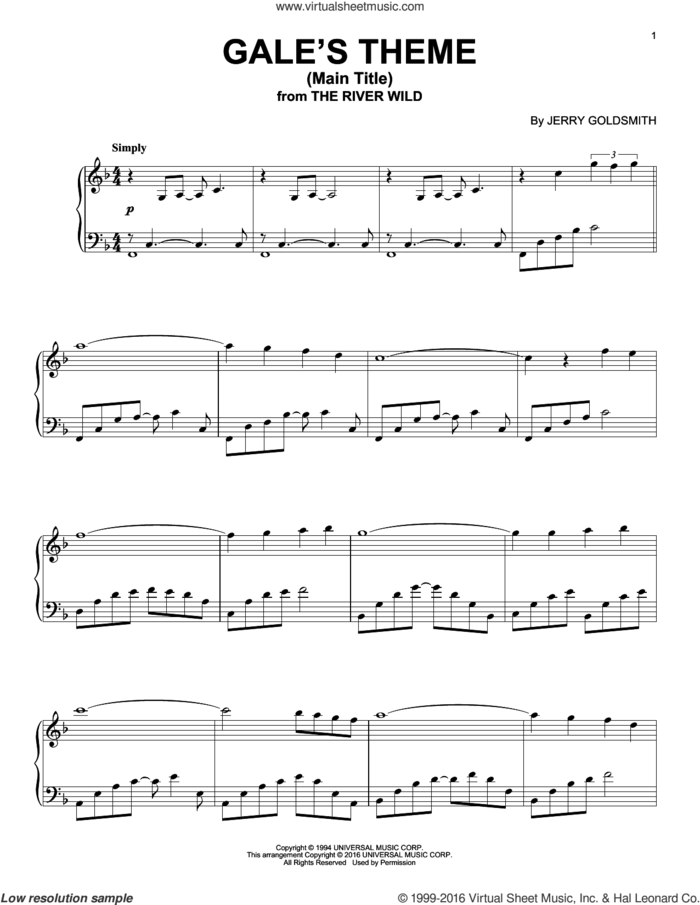 Gale's Theme (Main Title) sheet music for piano solo by Jerry Goldsmith, intermediate skill level