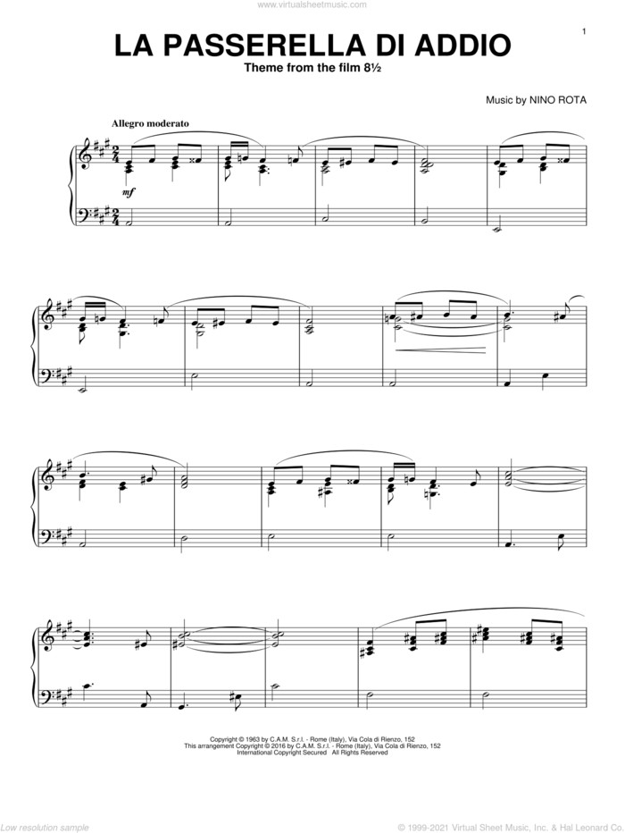 La Passerella Di Addio sheet music for piano solo by Nino Rota, intermediate skill level