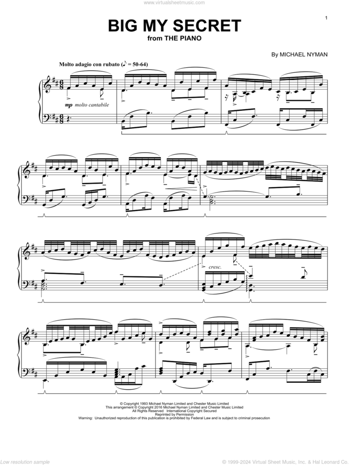 Big My Secret sheet music for piano solo by Michael Nyman, intermediate skill level
