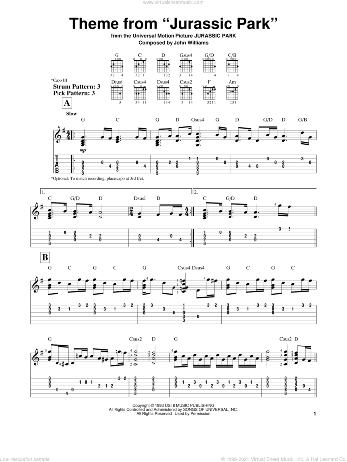 Theme From Jurassic Park sheet music for guitar solo (easy tablature) by John Williams, easy guitar (easy tablature)