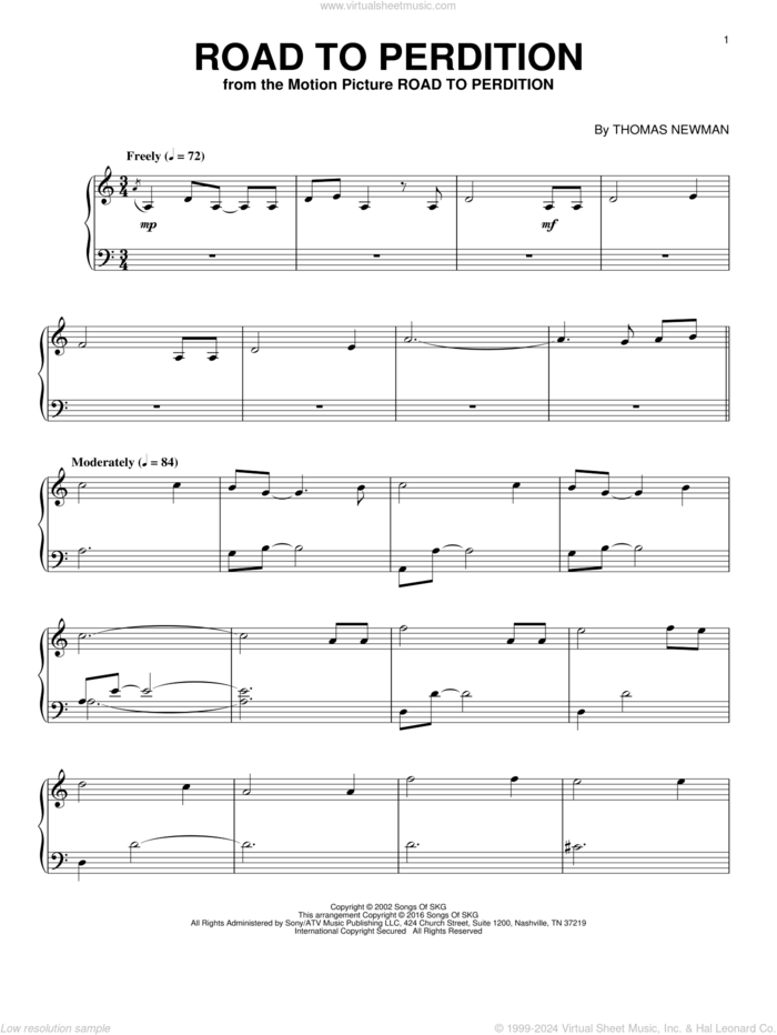 Road To Perdition sheet music for piano solo by Thomas Newman, intermediate skill level