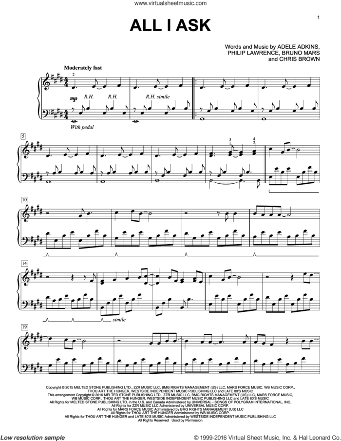 All I Ask, (intermediate) sheet music for piano solo by Adele, Adele Adkins, Bruno Mars, Chris Brown and Philip Lawrence, intermediate skill level