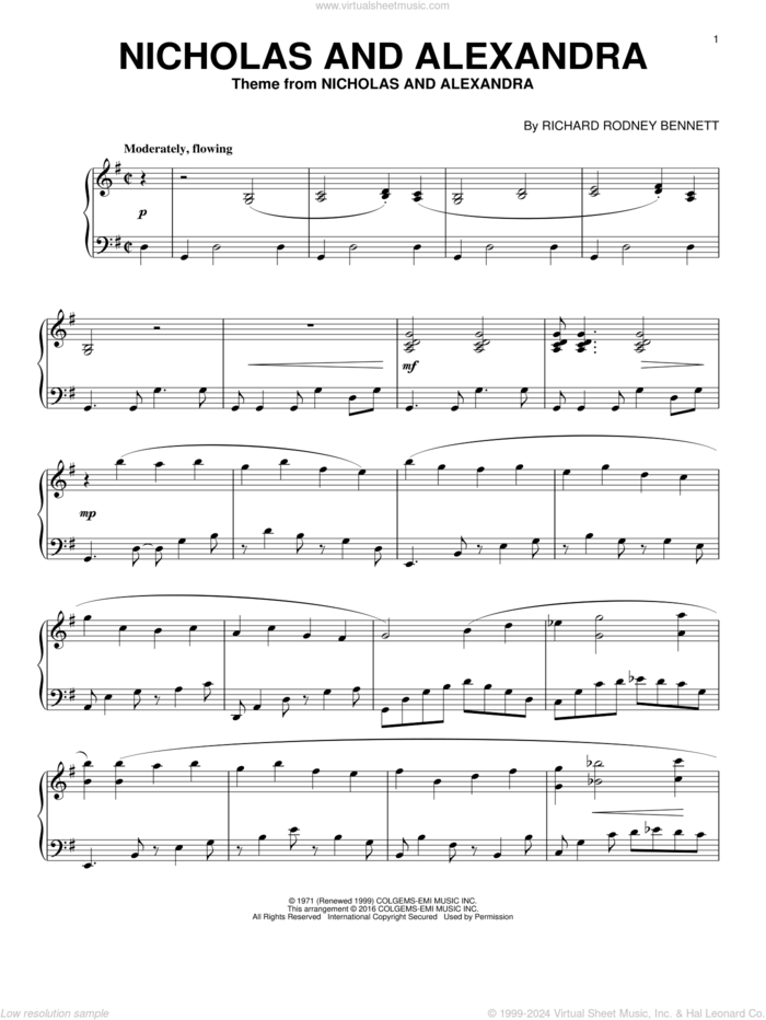 Nicholas And Alexandra sheet music for piano solo by Richard Bennett, intermediate skill level