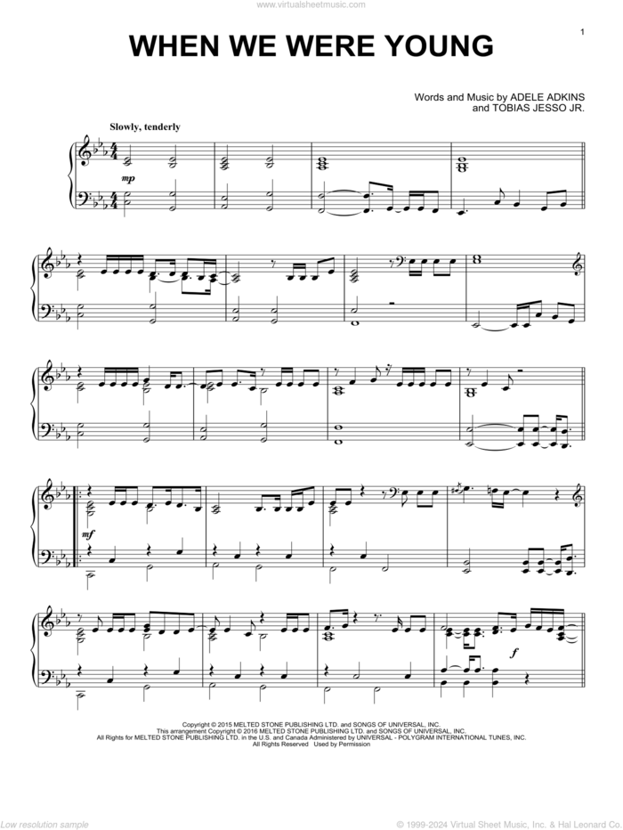 When We Were Young, (intermediate) sheet music for piano solo by Adele, Adele Adkins and Tobias Jesso Jr., intermediate skill level