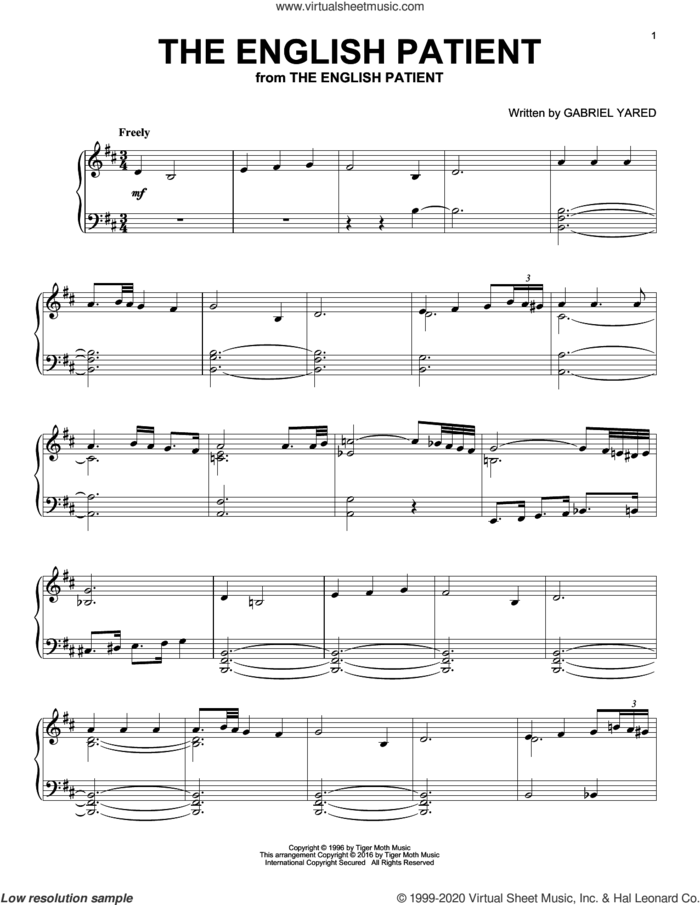The English Patient sheet music for piano solo by Yared Gabrie and Gabriel Yared, intermediate skill level