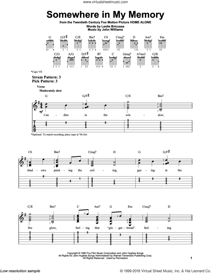 Somewhere In My Memory (from Home Alone) sheet music for guitar solo (easy tablature) by John Williams and Leslie Bricusse, easy guitar (easy tablature)