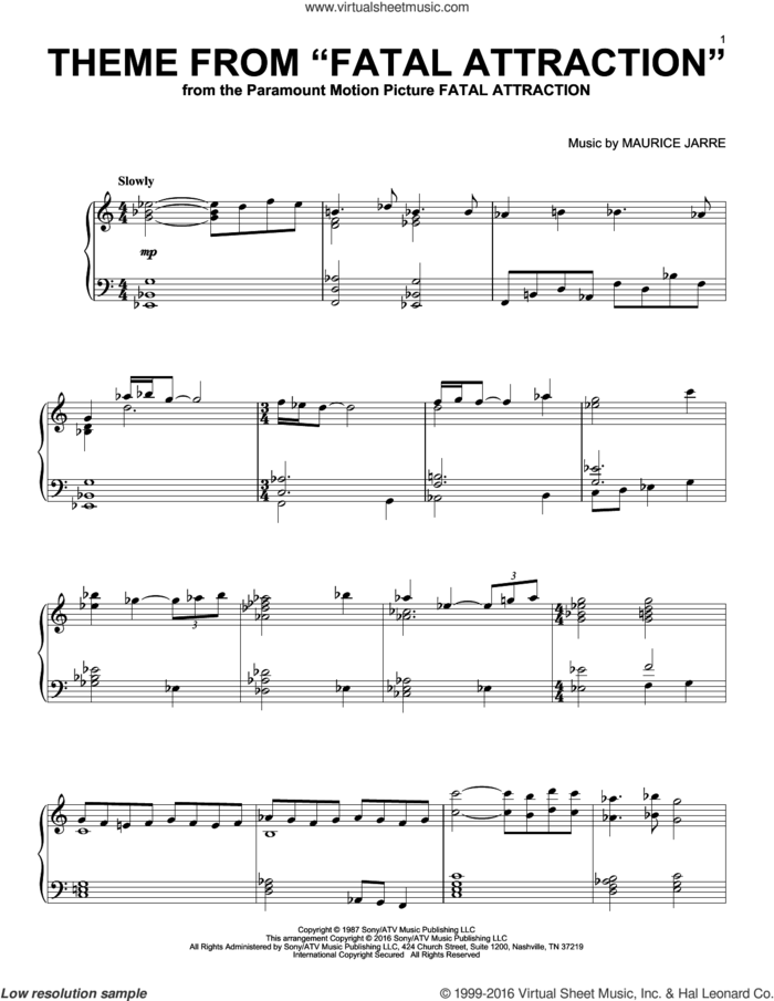 Theme From Fatal Attraction sheet music for piano solo by Maurice Jarre, intermediate skill level