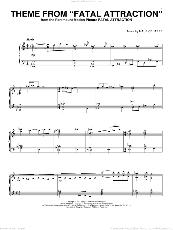 Theme From Fatal Attraction sheet music for piano solo by Maurice Jarre, intermediate skill level