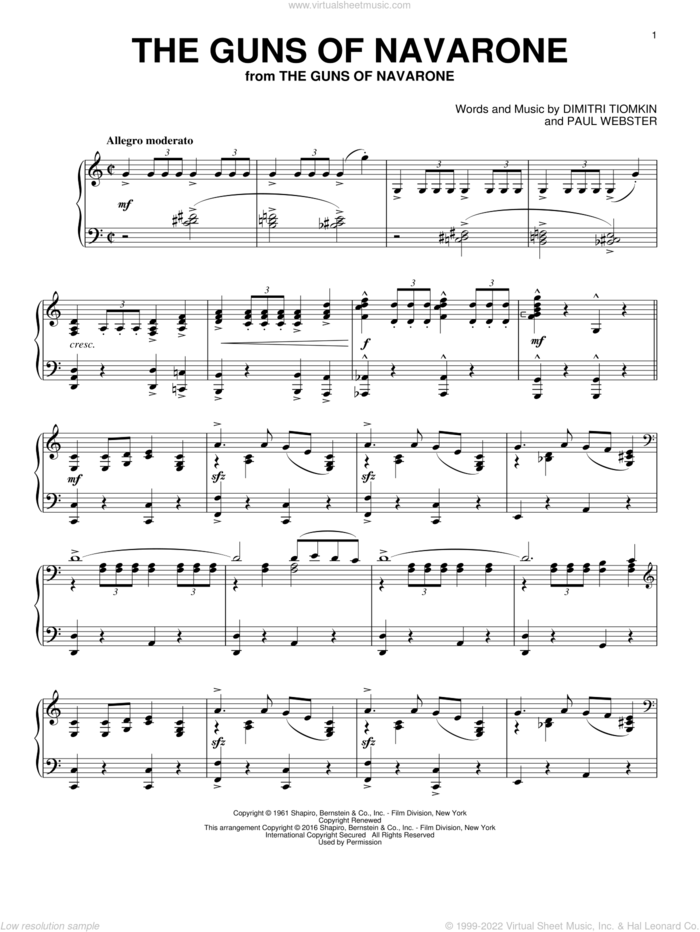 The Guns Of Navarone sheet music for piano solo by Dimitri Tiomkin and Paul Francis Webster, intermediate skill level