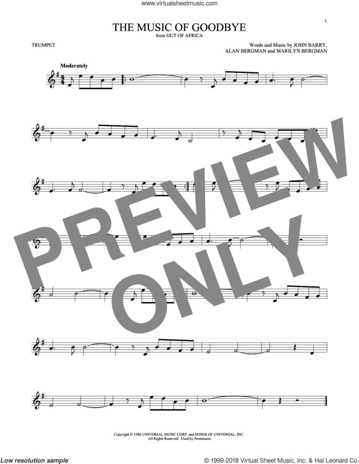 The Music Of Goodbye sheet music for trumpet solo by John Barry, Alan Bergman and Marilyn Bergman, intermediate skill level