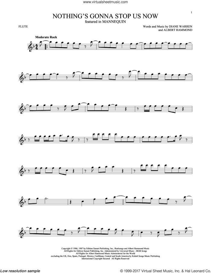 Nothing's Gonna Stop Us Now sheet music for flute solo by Starship, Albert Hammond and Diane Warren, wedding score, intermediate skill level