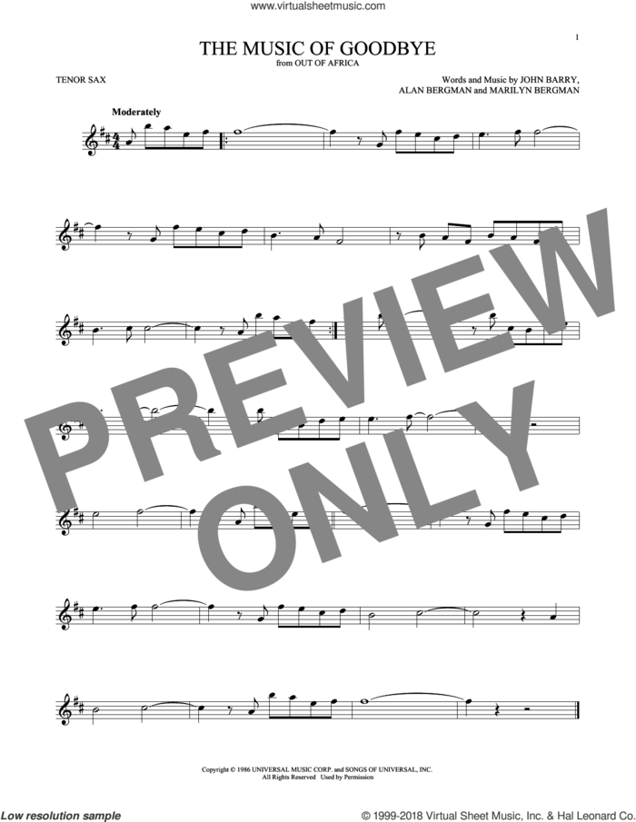 The Music Of Goodbye sheet music for tenor saxophone solo by John Barry, Alan Bergman and Marilyn Bergman, intermediate skill level