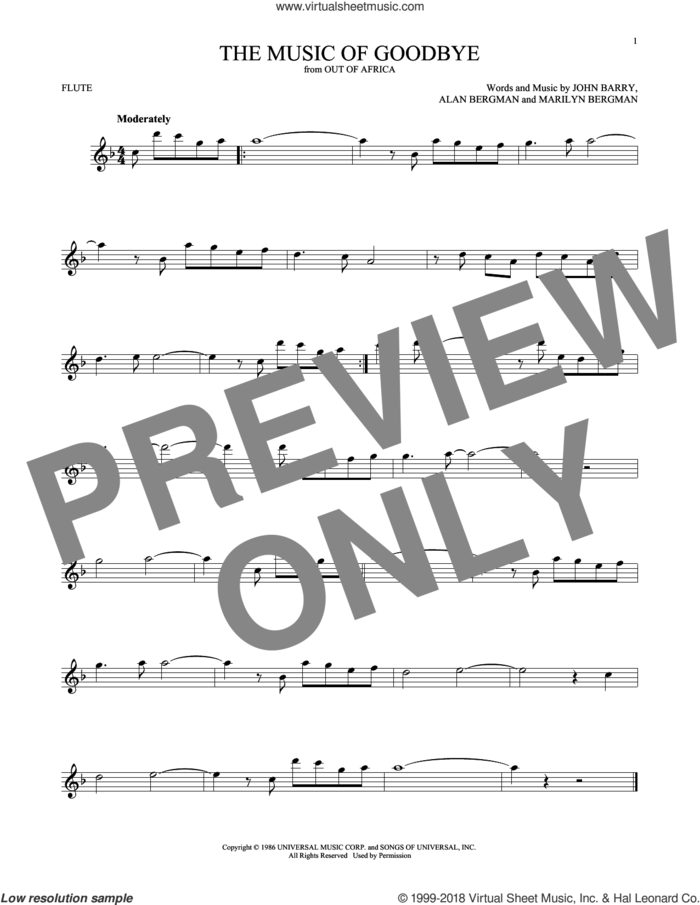 The Music Of Goodbye sheet music for flute solo by John Barry, Alan Bergman and Marilyn Bergman, intermediate skill level