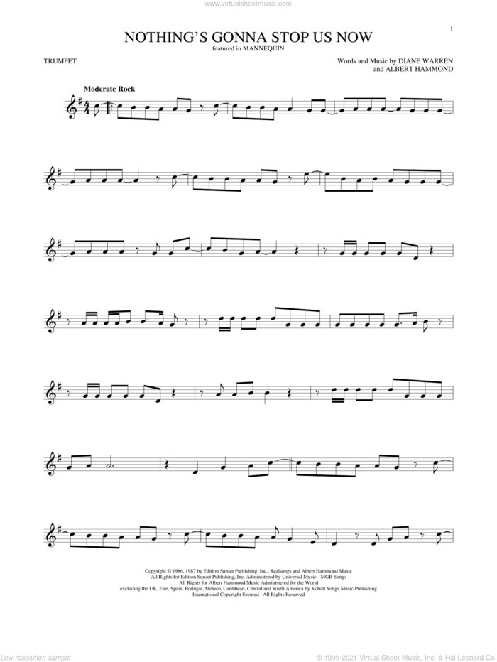 Nothing's Gonna Stop Us Now sheet music for trumpet solo by Starship, Albert Hammond and Diane Warren, wedding score, intermediate skill level