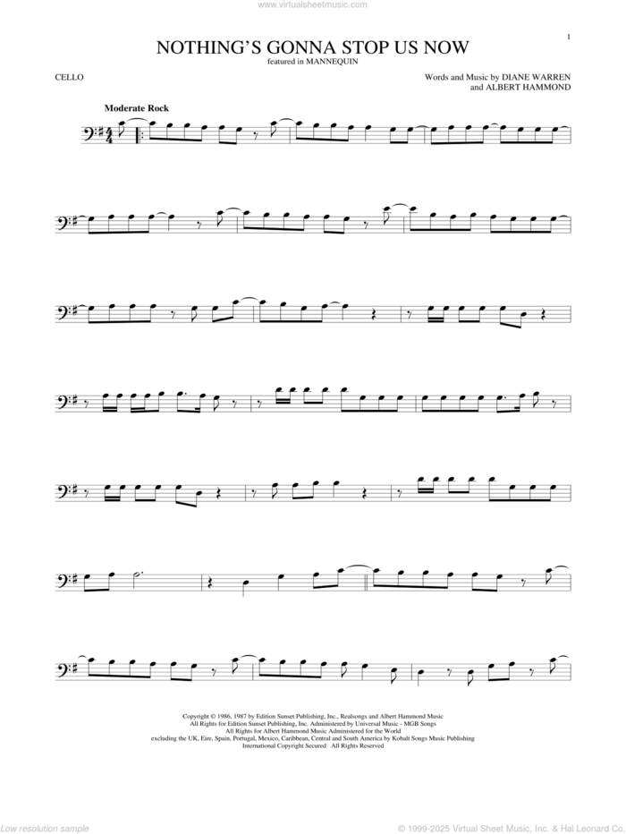 Nothing's Gonna Stop Us Now sheet music for cello solo by Starship, Albert Hammond and Diane Warren, wedding score, intermediate skill level