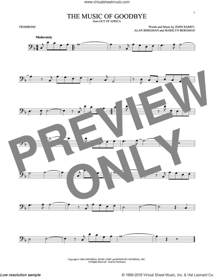 The Music Of Goodbye sheet music for trombone solo by John Barry, Alan Bergman and Marilyn Bergman, intermediate skill level