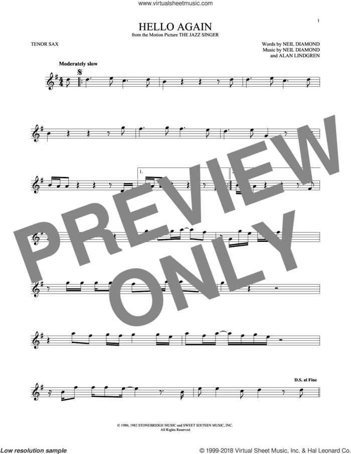 Hello Again sheet music for tenor saxophone solo by Neil Diamond and Alan Lindgren, intermediate skill level