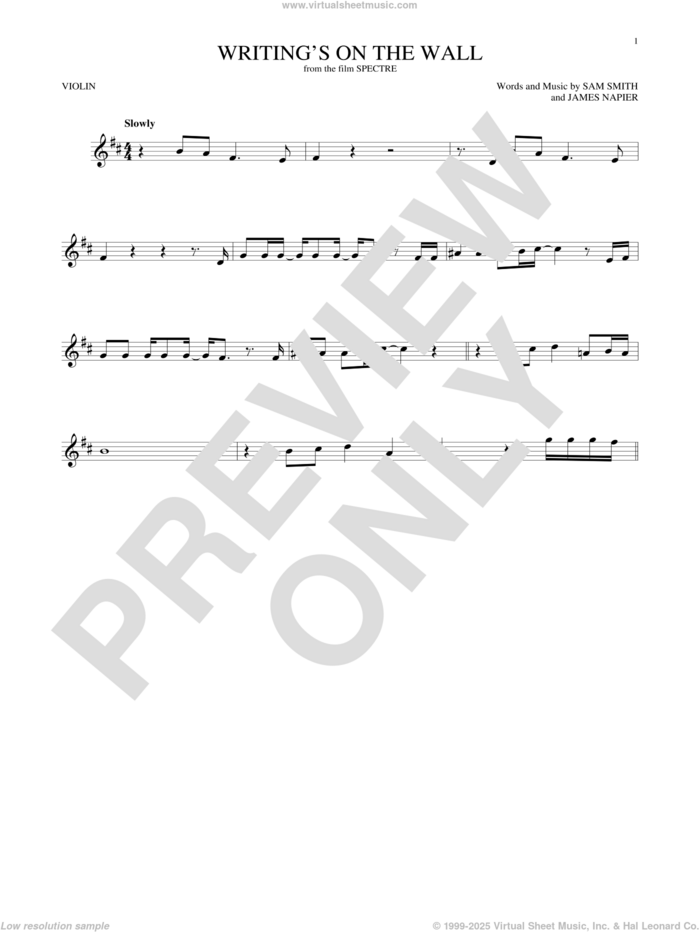 Writing's On The Wall sheet music for violin solo by Sam Smith and James Napier, intermediate skill level