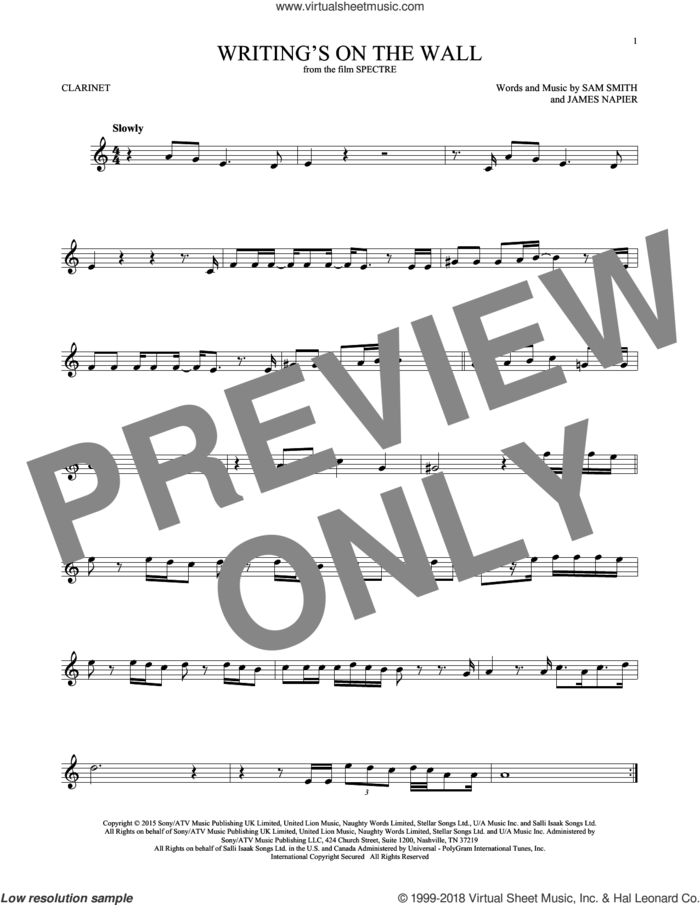 Writing's On The Wall sheet music for clarinet solo by Sam Smith and James Napier, intermediate skill level