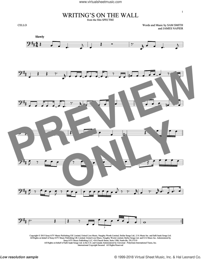Writing's On The Wall sheet music for cello solo by Sam Smith and James Napier, intermediate skill level