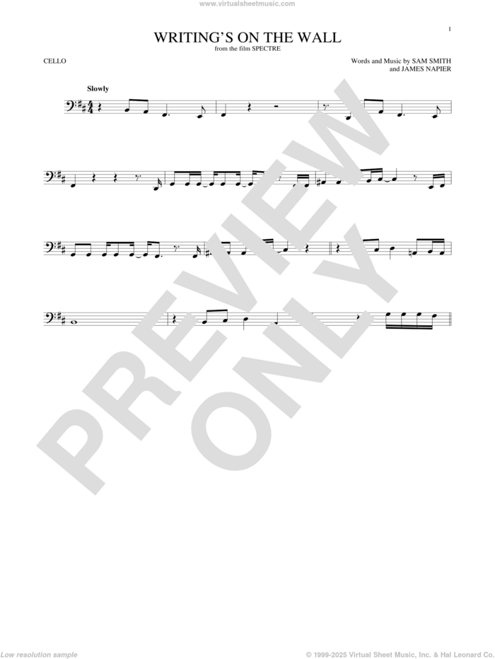 Writing's On The Wall sheet music for cello solo by Sam Smith and James Napier, intermediate skill level