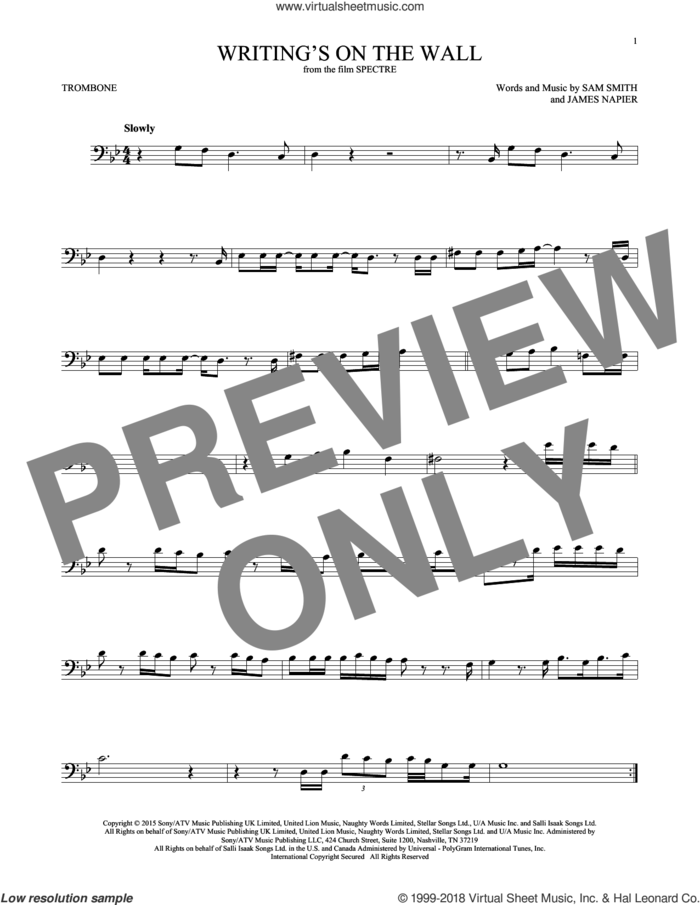 Writing's On The Wall sheet music for trombone solo by Sam Smith and James Napier, intermediate skill level