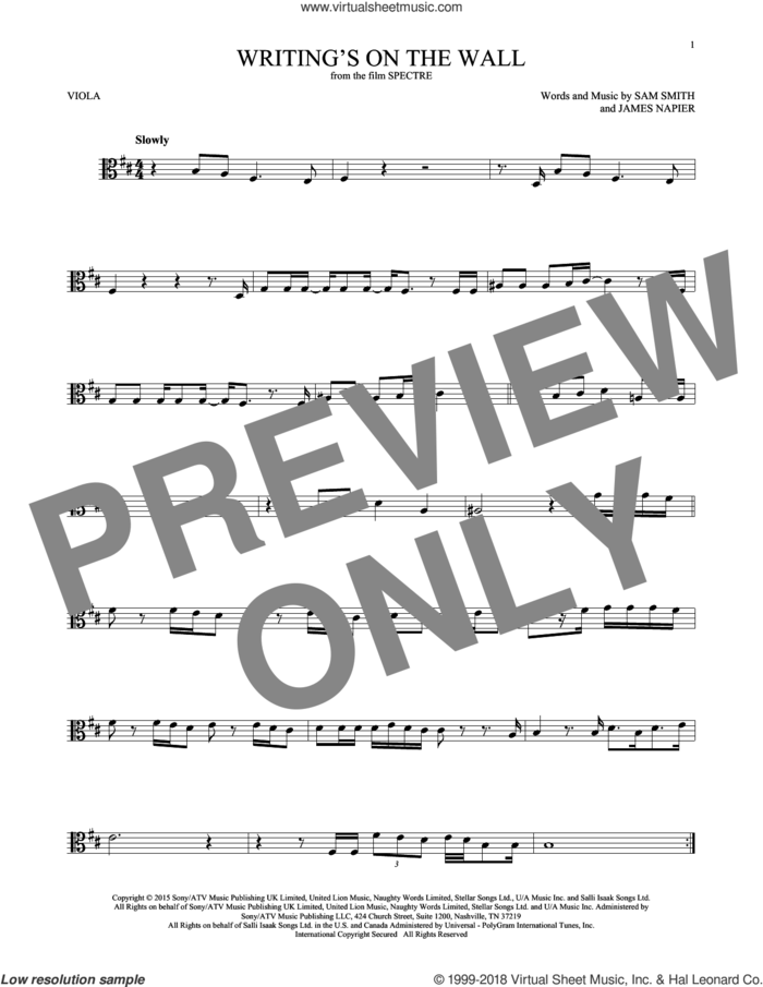 Writing's On The Wall sheet music for viola solo by Sam Smith and James Napier, intermediate skill level