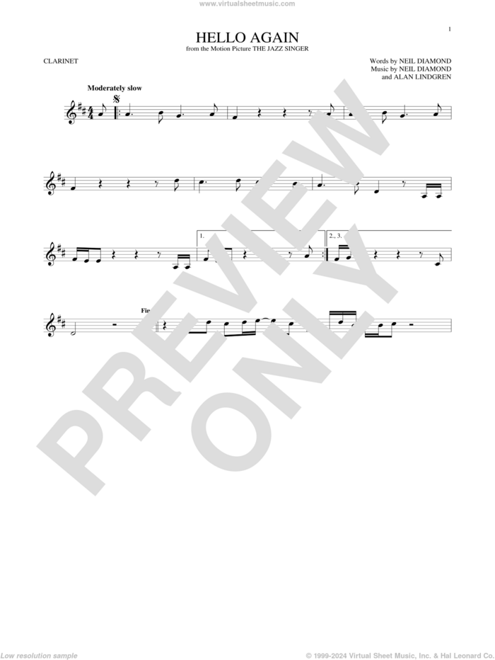 Hello Again sheet music for clarinet solo by Neil Diamond and Alan Lindgren, intermediate skill level