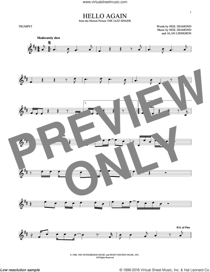 Hello Again sheet music for trumpet solo by Neil Diamond and Alan Lindgren, intermediate skill level
