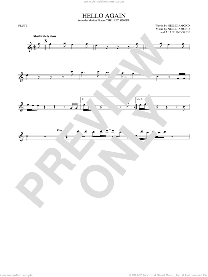 Hello Again sheet music for flute solo by Neil Diamond and Alan Lindgren, intermediate skill level