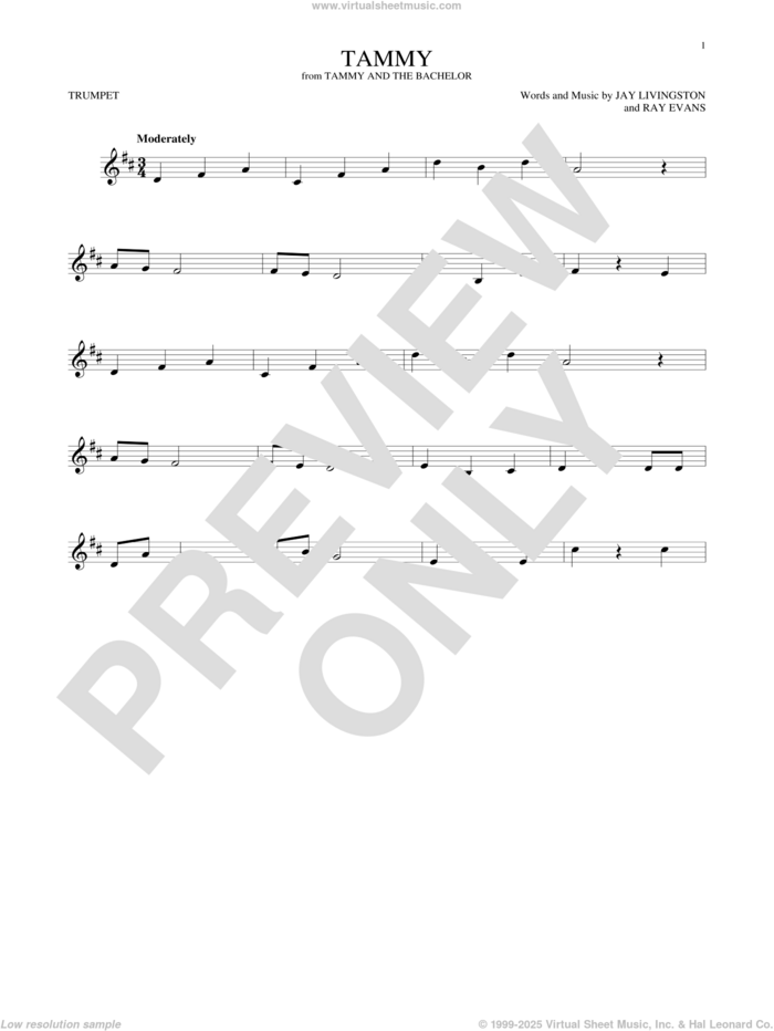 Tammy sheet music for trumpet solo by Debbie Reynolds, The Ames Brothers, Jay Livingston and Ray Evans, intermediate skill level