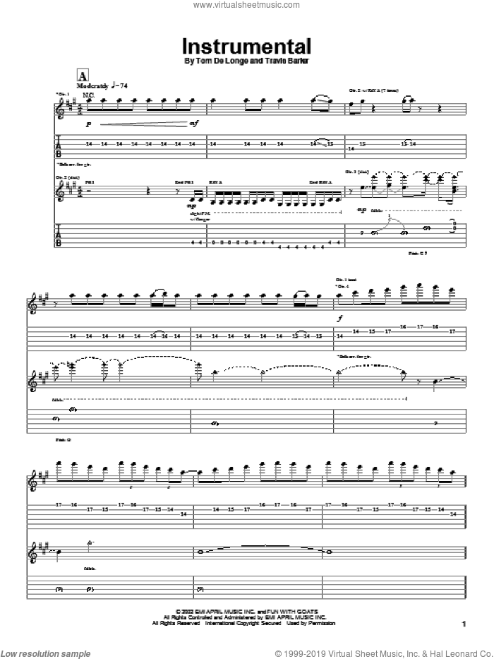 Instrumental sheet music for guitar (tablature) by Box Car Racer, Tom DeLonge and Travis Barker, intermediate skill level