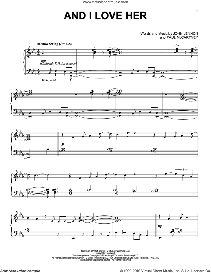 And I Love Her [Jazz version] sheet music for piano solo by The Beatles, John Lennon and Paul McCartney, intermediate skill level