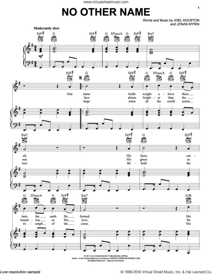 No Other Name sheet music for voice, piano or guitar by Casting Crowns, Joel Houston and Jonas Myrin, intermediate skill level