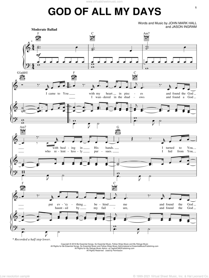 God Of All My Days sheet music for voice, piano or guitar by Casting Crowns, Jason Ingram and John Mark Hall, intermediate skill level