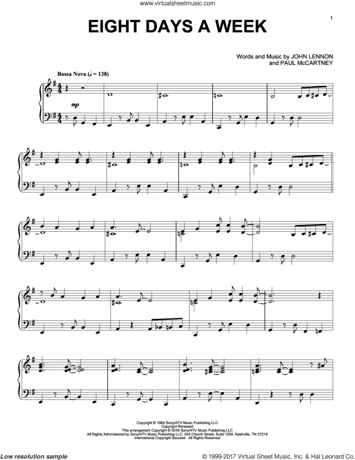 Eight Days A Week [Jazz version] sheet music for piano solo by The Beatles, John Lennon and Paul McCartney, intermediate skill level