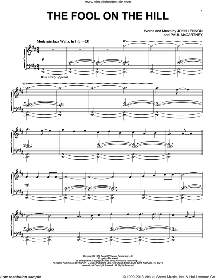 The Fool On The Hill [Jazz version] sheet music for piano solo by The Beatles, John Lennon and Paul McCartney, intermediate skill level