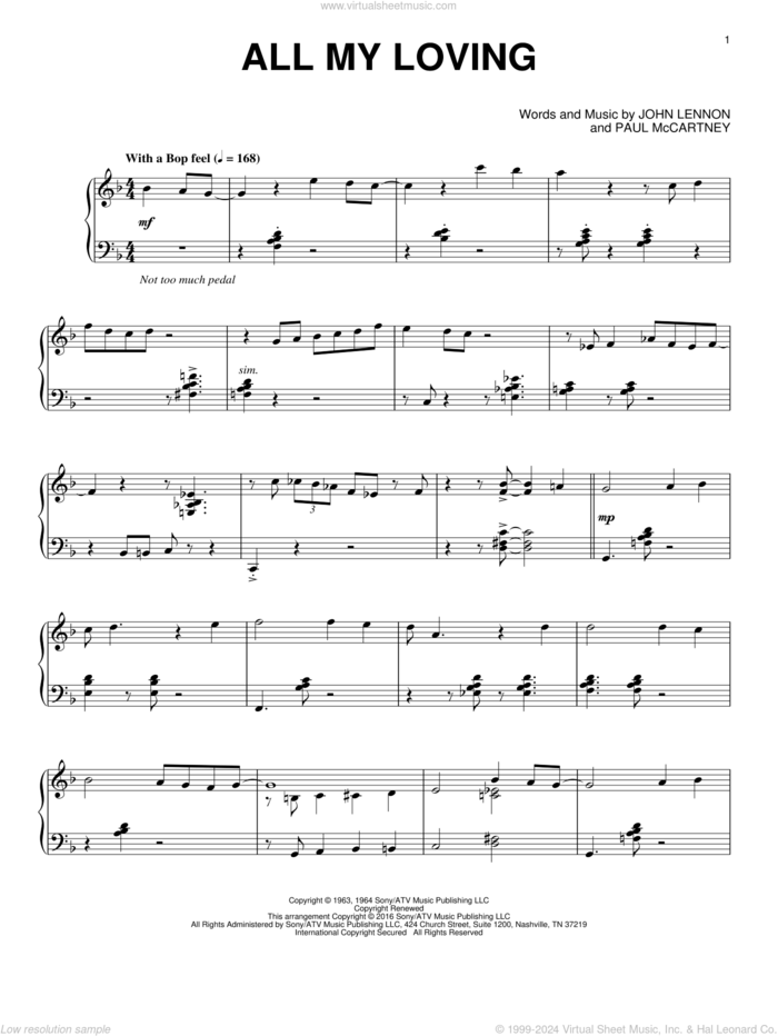 All My Loving [Jazz version] sheet music for piano solo by The Beatles, John Lennon and Paul McCartney, intermediate skill level