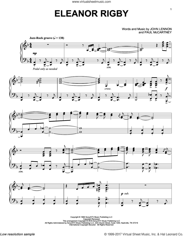 Eleanor Rigby [Jazz version] sheet music for piano solo by The Beatles, John Lennon and Paul McCartney, intermediate skill level
