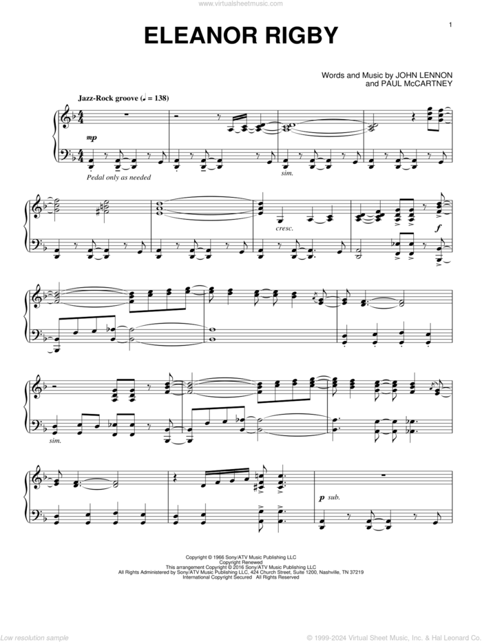 Eleanor Rigby [Jazz version] sheet music for piano solo by The Beatles, John Lennon and Paul McCartney, intermediate skill level