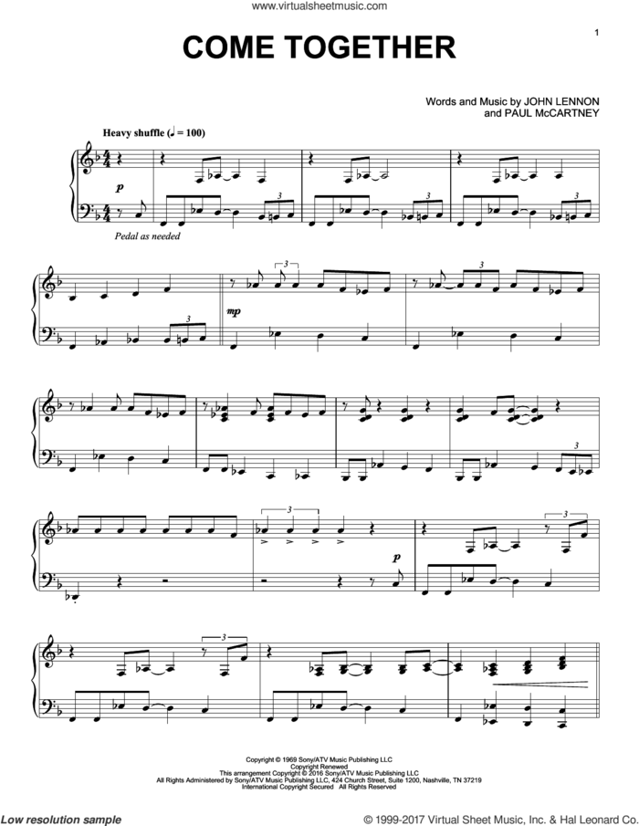Come Together [Jazz version] sheet music for piano solo by The Beatles, John Lennon and Paul McCartney, intermediate skill level