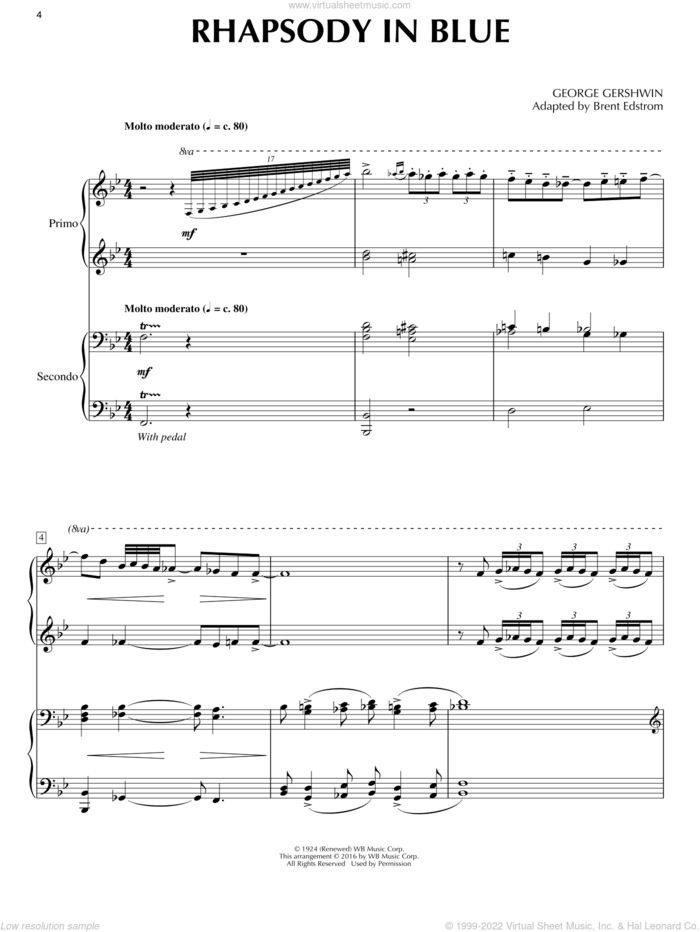 Rhapsody In Blue (1 Piano, 4 Hands) (arr. Brent Edstrom) sheet music for piano four hands by George Gershwin and Brent Edstrom, classical score, intermediate skill level
