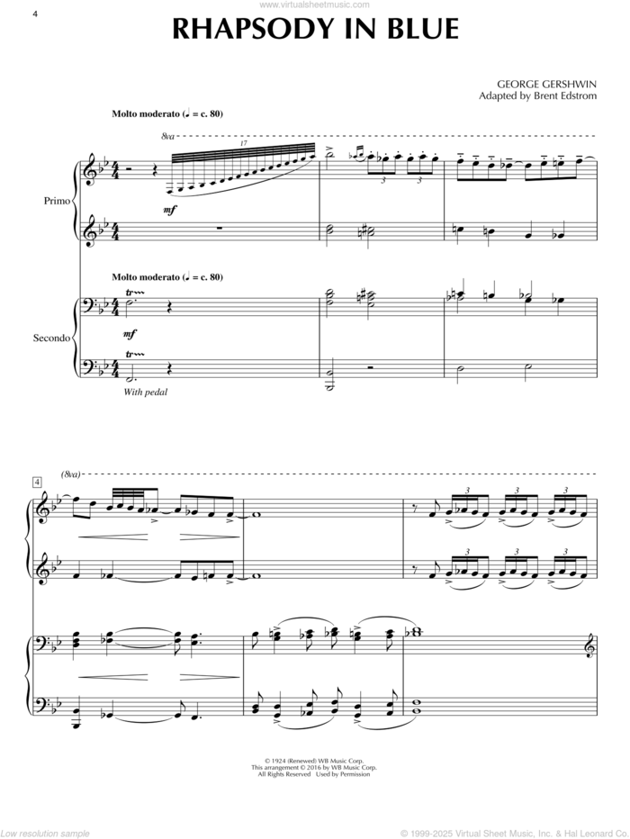 Rhapsody In Blue (1 Piano, 4 Hands) (arr. Brent Edstrom) sheet music for piano four hands by George Gershwin and Brent Edstrom, classical score, intermediate skill level