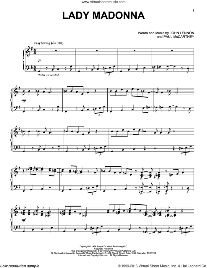 Lady Madonna [Jazz version] sheet music for piano solo by The Beatles, John Lennon and Paul McCartney, intermediate skill level