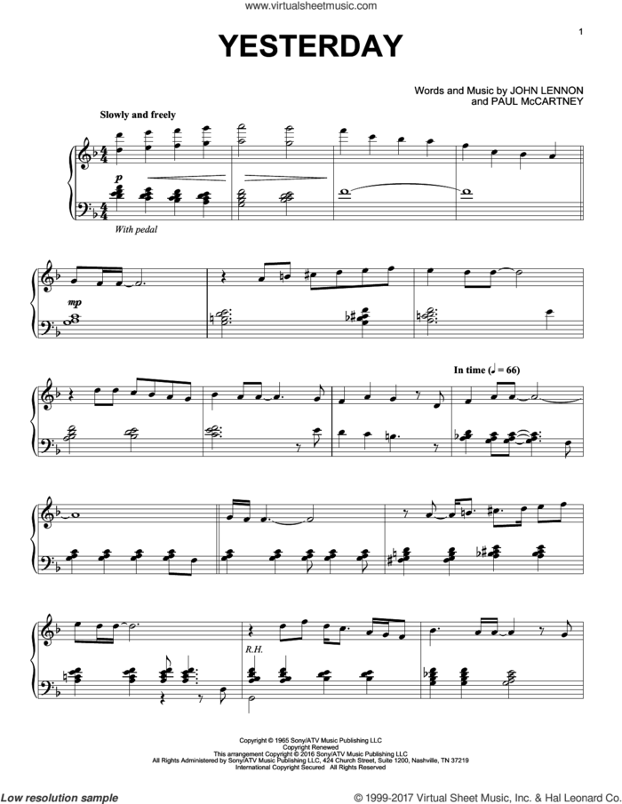 Yesterday [Jazz version] sheet music for piano solo by The Beatles, John Lennon and Paul McCartney, intermediate skill level