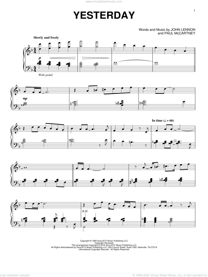 Yesterday [Jazz version] sheet music for piano solo by The Beatles, John Lennon and Paul McCartney, intermediate skill level