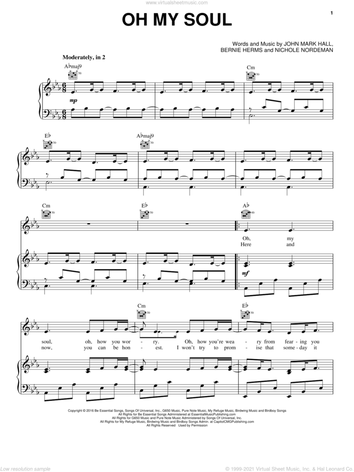 Oh My Soul sheet music for voice, piano or guitar by Casting Crowns, Bernie Herms and John Mark Hall, intermediate skill level