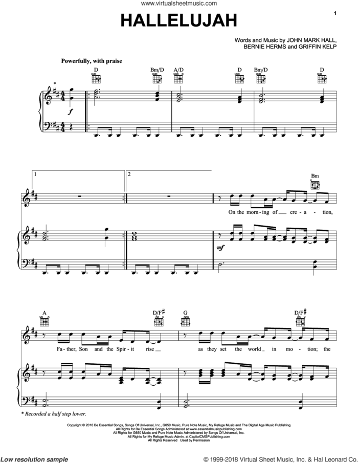 Hallelujah sheet music for voice, piano or guitar by Casting Crowns, Bernie Herms, Griffin Kelp and John Mark Hall, intermediate skill level