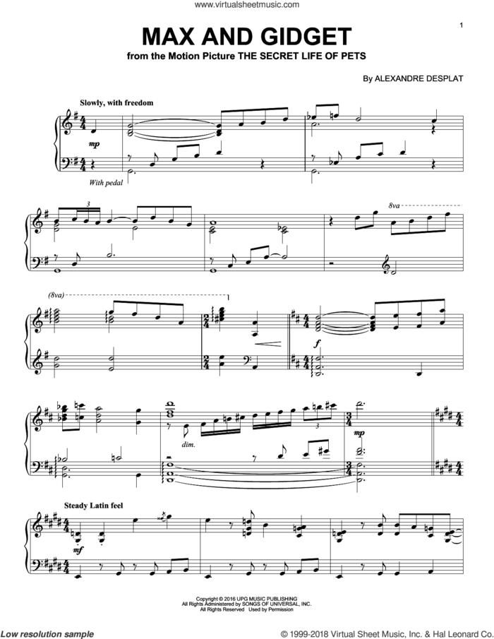 Max And Gidget sheet music for piano solo by Alexandre Desplat, classical score, intermediate skill level